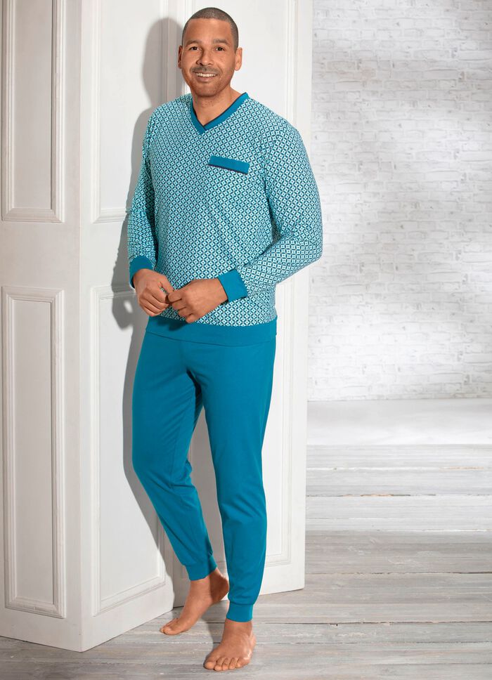 Schlafanzug mit V-Ausschnitt, Brusttasche und B&uuml;ndchenabschl&uuml;ssen 