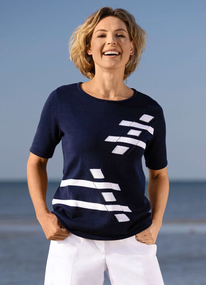 Pulli mit Intarsien-Vorderteil MARINE-WEISS