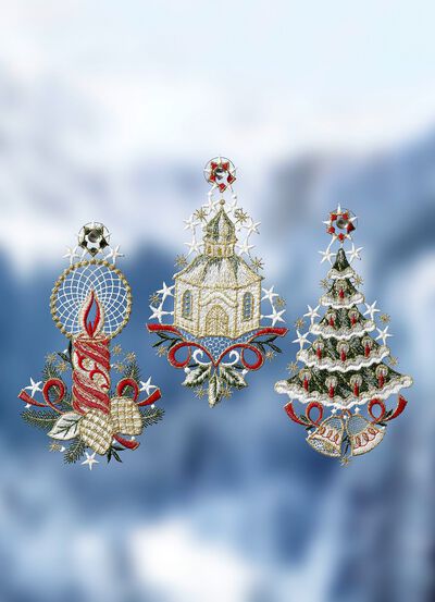 Fensterbilder, 3er-Set, aus echter Plauener Spitze 