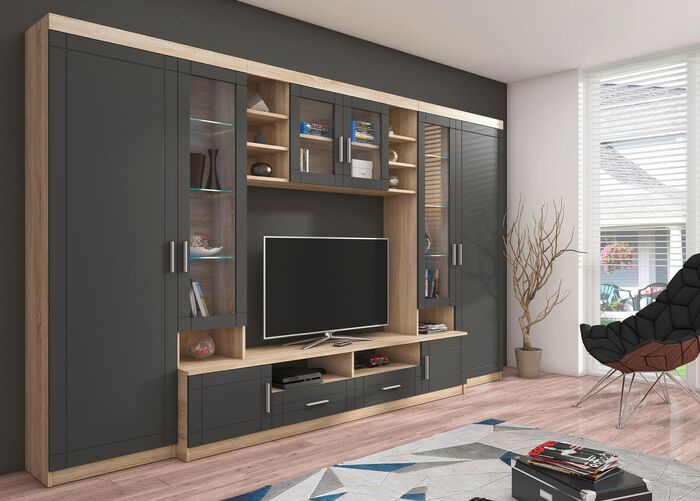 Wohnwand mit LED-Glasbodenbeleuchtung GRAU-EICHE