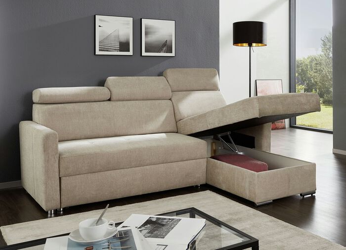Polsterecke mit Schlaffunktion und Bettkasten BEIGE