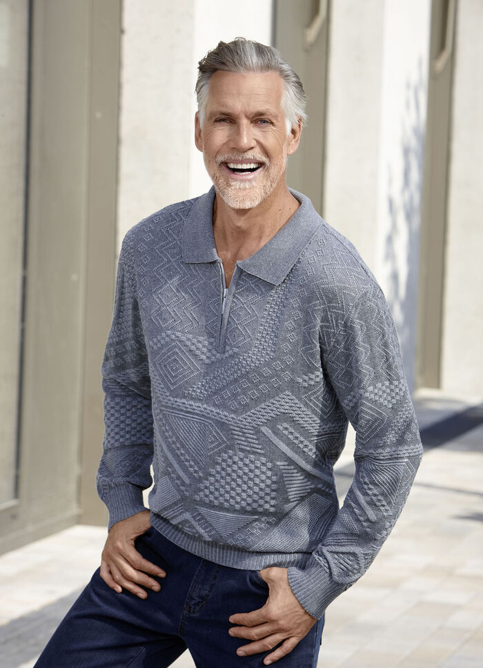 Klassischer Polopullover mit kurzem Reißverschluss in 2 Farben GRAU