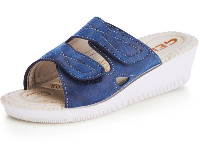 Klassische Damen-Pantoletten, Weite H, mit elastischem Material BLAU