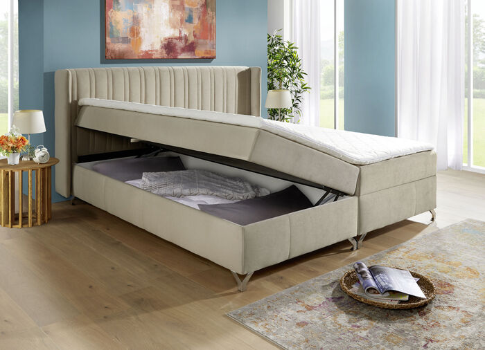 Boxspringbett mit Bettkasten und Topper CREME