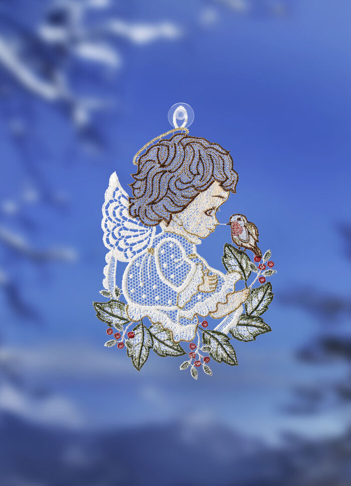 Fensterbild mit Engel-Motiv aus echter Plauener Spitze 