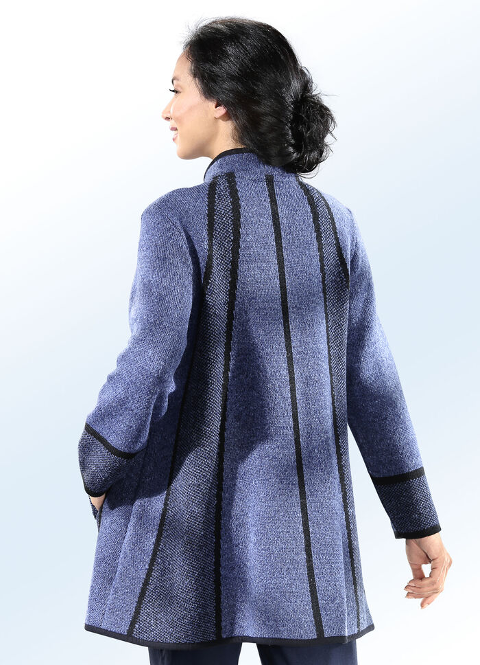 Long-Strickjacke in Swingerform RAUCHBLAU-SCHWARZ