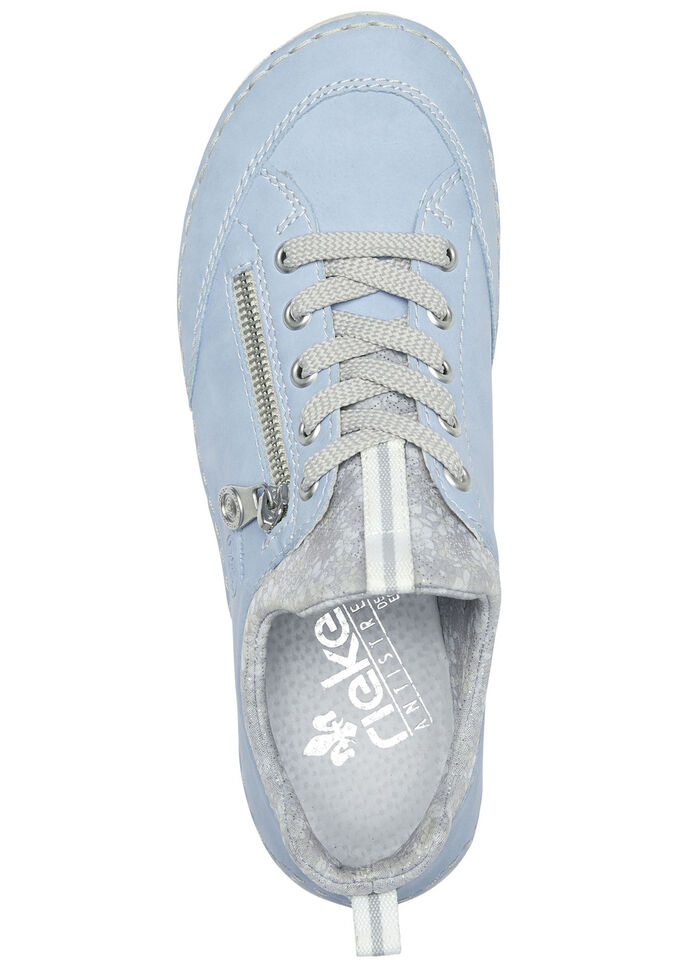 Rieker Schnürschuh aus floral bedrucktem Textilmaterial mit Metallicschimmer HELLBLAU-GRAU