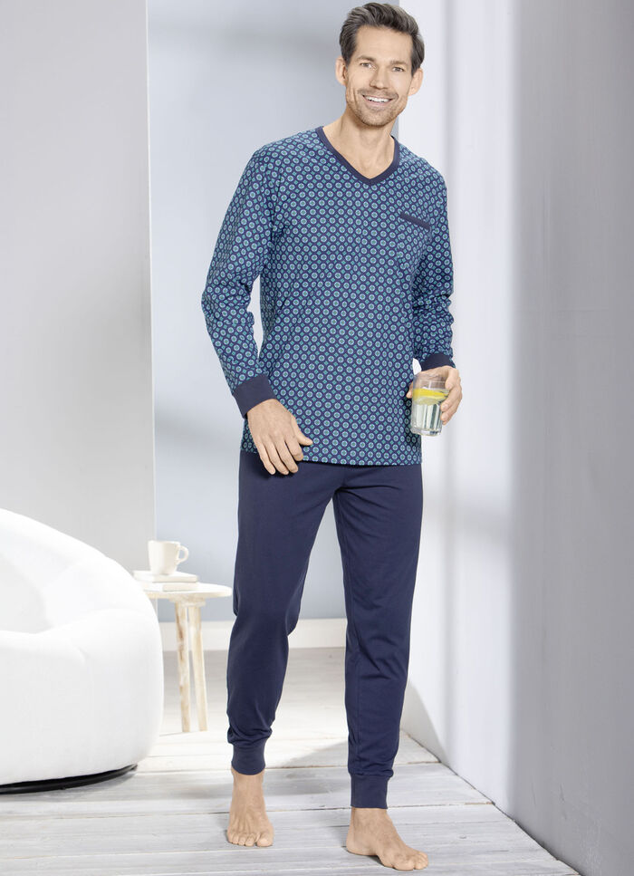 Schlafanzug mit V-Ausschnitt und B&uuml;ndchenabschl&uuml;ssen  