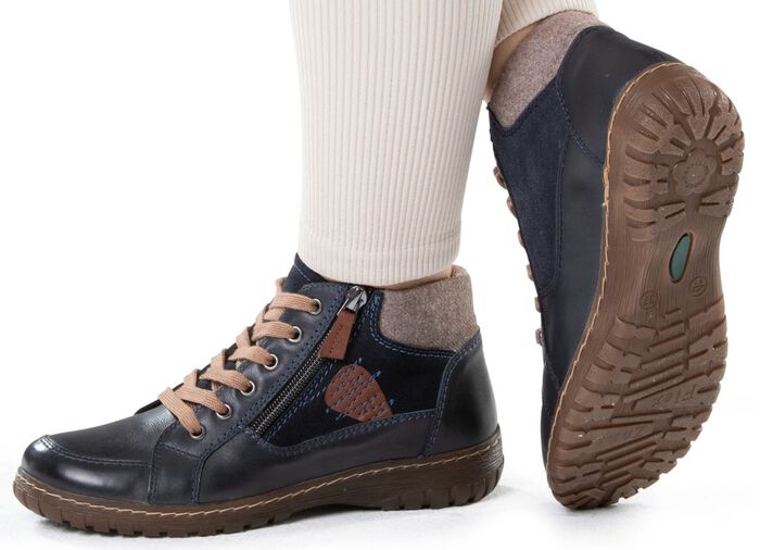 ELENA EDEN Schn&uuml;r-Bootie aus Leder-Materialmix DUNKELBLAU-BRAUN