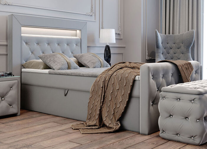 Boxspringbett mit LED-Beleuchtung und Topper GRAU