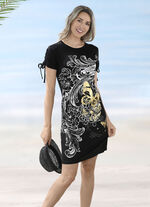 Kleid mit platziertem Druckdessin und raffbaren, kurzen Ärmeln SCHWARZ