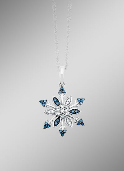 Anhänger Schneeflocke mit weißen und blauen Diamanten  Anhänger Schneeflocke mit weißen und blauen Diamanten