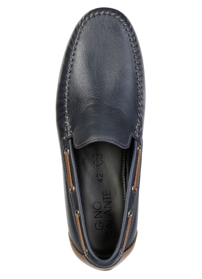 GINO GALANTE, klassische Herren-Slipper, mit Lederdurchzügen MARINE-COGNAC