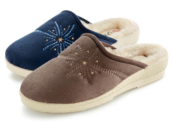 Zweierpack, warme Damen-Hausschuhe, Weite H, mit Wolle 