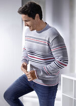 Niveauvoller Rundhalspullover GRAU MELIERT-WEISS-MARINE-ROT