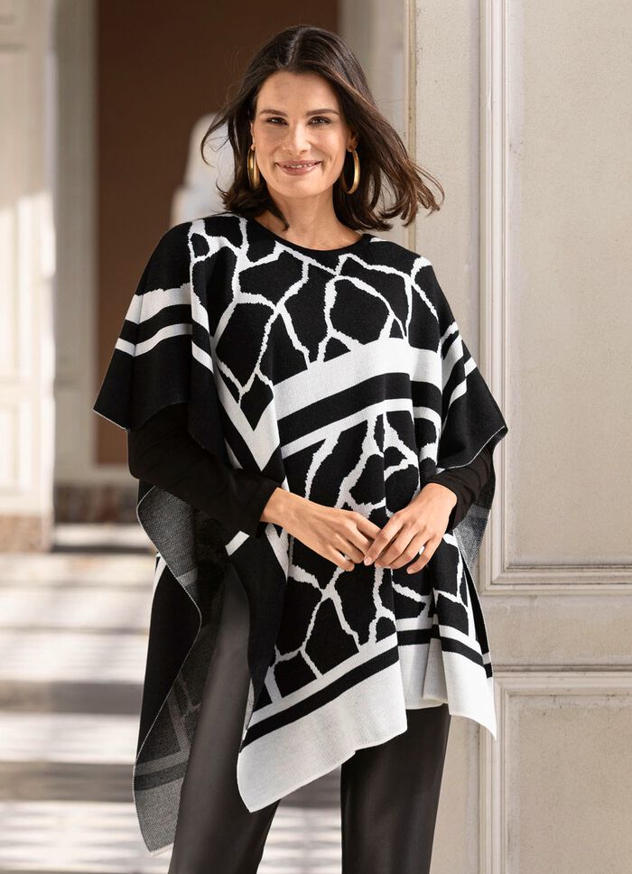 Poncho in asymmetrischer Zipfelform SCHWARZ-WEISS