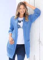 Long-Strickjacke in streckender Streifenoptik JEANSBLAU