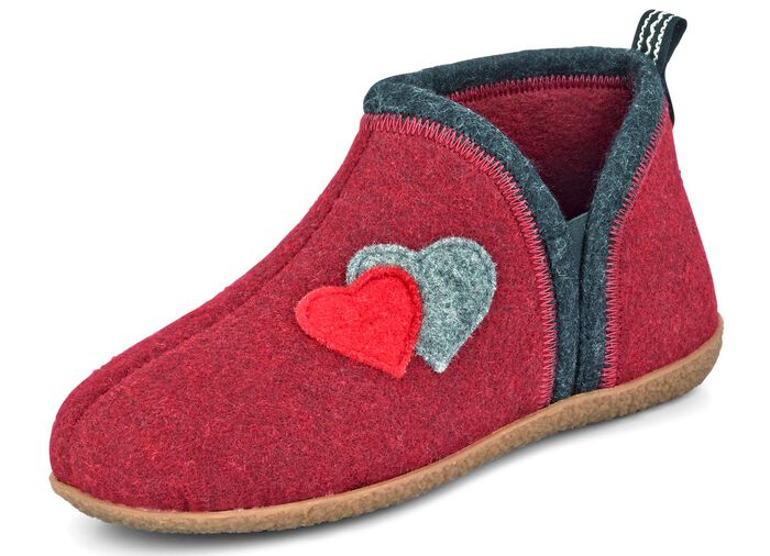 Hausschuh mit kontrastfarbenen Applikationen GRANATROT