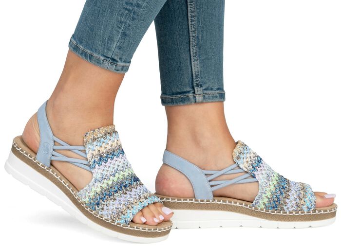 Rieker, sommerliche Damen-Sandalen, mit seitlichen Elastik-Bandagen HELLBLAU-BUNT