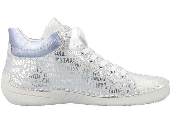 Rieker Schnür-Bootie aus originell bedrucktem Synthetikmaterial SILBERGRAU-BLEU