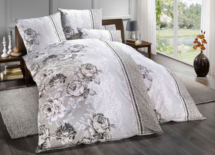Bettwäsche-Garnitur bezaubernde Rosendessin GRAU