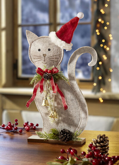 Filzkatze auf Holzsockel 