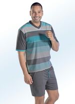 Hajo Klima Komfort Shorty mit V-Ausschnitt und garngef&auml;rbtem Ringeldessin GRAU-TUERKIS