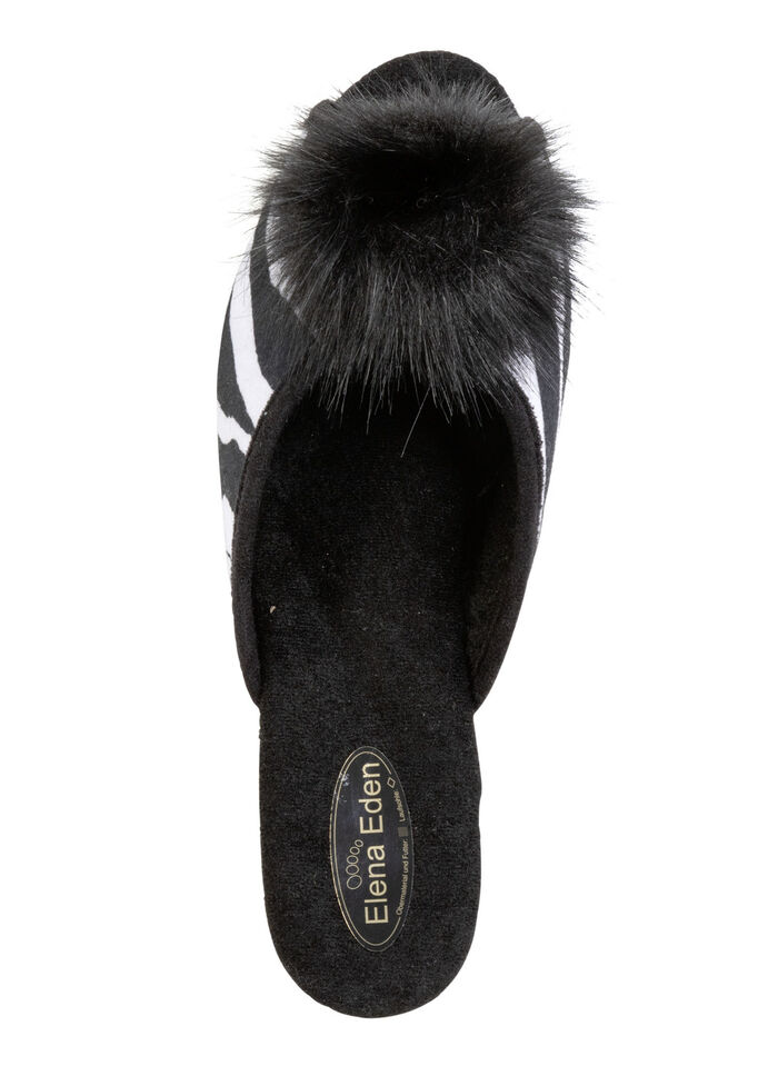 ELENA EDEN, schicke Damen-Pantoletten, Weite G, mit Kunstfellpompon SCHWARZ-WEISS