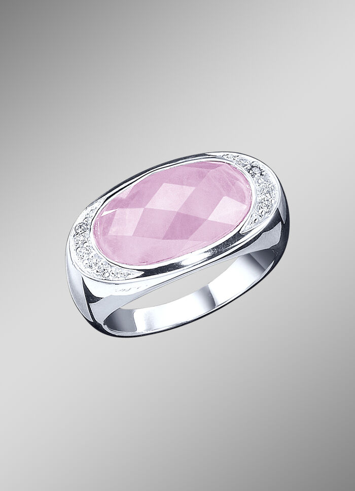 Damenring mit echt Rosenquarz und synthetische Zirkonia 