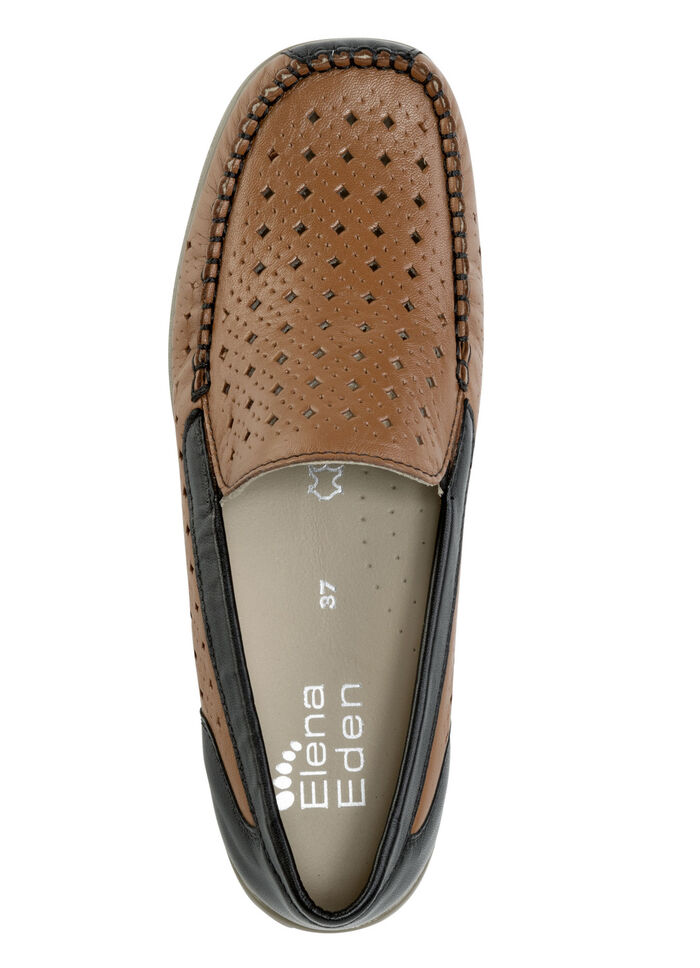 ELENA EDEN, sommerliche Damen-Slipper, Weite H, mit herausnehmbarem Fußbett COGNAC-SCHWARZ
