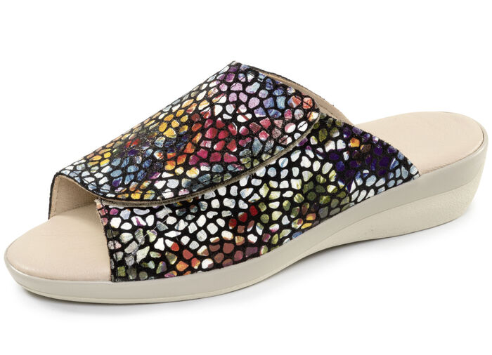 Bequeme Damen-Pantoletten, Weite G, mit Klettverschluss SCHWARZ-BUNT