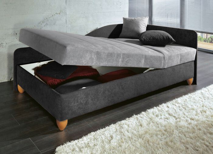 Komfort-Studioliege auf massiven Holzf&uuml;&szlig;en ANTHRAZIT-HELLGRAU