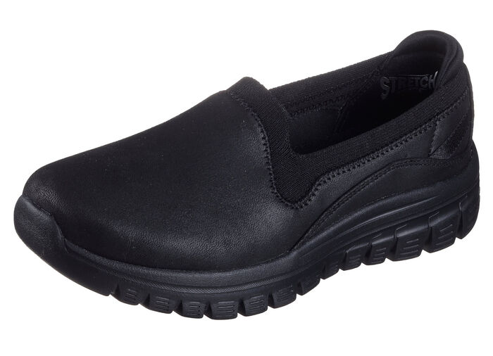 SKECHERS, klassiche Damen-Slipper, aus Synthetik und elastischem Strick-Material SCHWARZ