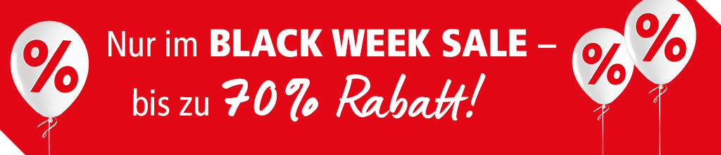 Black Week Sale - bis zu 70 % Rabatt! Roter Hintergrund und Luftballons