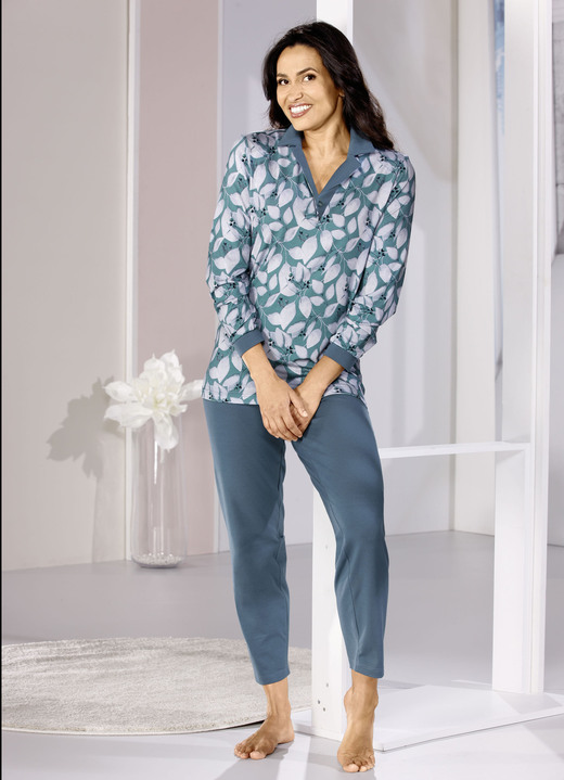 Damen - Schlafanzug, Langarm mit Ein-Knopfverschluss und knöpfbaren Bündchen, in Größe 036 bis 054, in Farbe PETROL-SALBEI